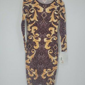 Lularoe Debbie Dress Midi Sheath Long Sleeve Brown Gold Women's XS NWT